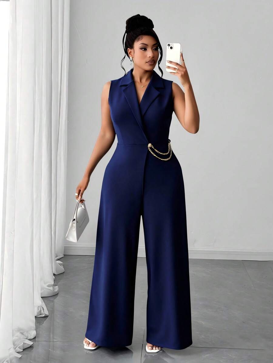 Maweii Bộ đồ công sở không tay cổ đứng cỡ lớn cho nữ - Màu xanh hải quân - Xem 1