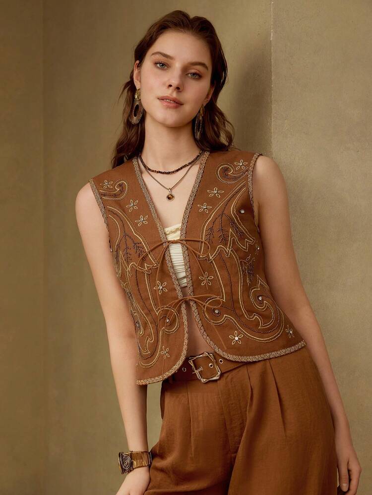1PC VACATION LINEN KNITTED DRAWSTRING EMBROIDERED BEADED CROP TOP