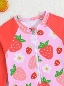 Baby Girl Strawberry Print Ruffle Zip-Up Long Sleeve 1-Piece Swimsuit / Custom Print / Ribbon Edge No Lock Edge Swimsuit - Multicolor - View 5