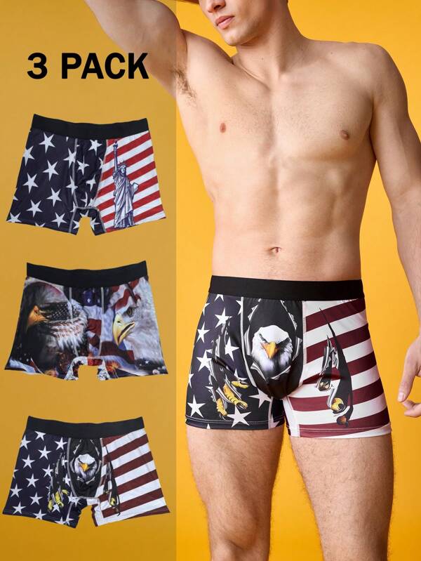 Happy Jammies 3 buc. Boxer cu talie mijlocie pentru bărbați, cu steagul american, cu stele patriotice și vulturi