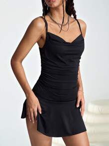 SHEIN EZwear Vestido deslizante negro mini con escote profundo y plisado, para primavera/verano