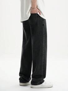 SHEIN Teen Boy Fashion Casual Black Y2k Denim Basic Simple Loose Straight Leg Jeans For Kids Clothes Boys Soft Dailywear And Kids Summer And Spring Rave Outfits Festival And Beach Outfits Clothes - Black - View 3