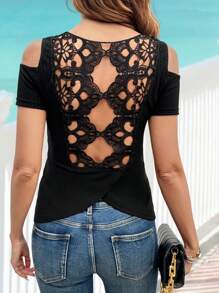 SHEIN Clasi Camiseta de verano casual de mujer de manga corta con textura de encaje calado y espalda descubierta