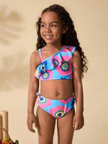 SHEIN Young Girls' Floral Print Asymmetric Ruffled Neck Fashion Swimsuit Set - Multicolor - View 3