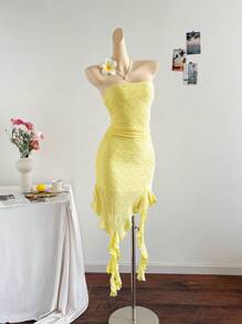 Soleia 性感黄色纹理面料露背迷你连衣裙，适合度假、音乐节、波西米亚风、节日约会、下午茶、海滩、夏季服装 - 黃色 - 查看 3