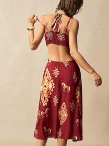 Bohemela BOHO Beach Vacation Style Woven Print Spaghetti Strap Backless Design Dress For Women - Redwood - View 7