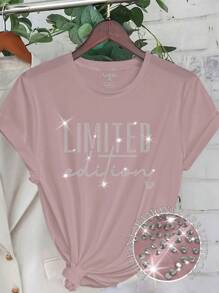 Große Größen Lässig Shirt mit Buchstaben LIMITED Edition, Heißer Diamant Muster Rundhals Lässig Grafik T-Shirt Damen Top
