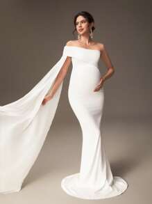 SHEIN Schwangere Frauen einfarbiges Kleid mit asymmetrischem Ausschnitt, elegantes Feenkleid, Fotoshoot-Outfit für Schwangerschaftsfotoshooting