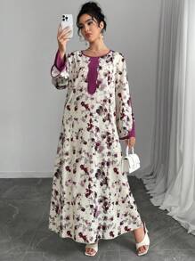 SHEIN Najma 女士休闲阿拉伯风格拼布印花连衣裙，朴素 - 彩色 - 查看 6