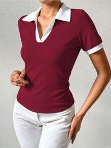 EMERY ROSE Women Summer Patchwork T-Shirt, Fashionable Trim Design - Burgundy - View 5