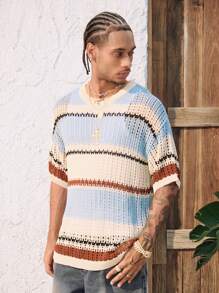 ROMWE MEN Men's Contrast Color Striped Print Crew Neck Casual Vacation Short Sleeve Knit Top, Vacation - Multicolor - View 8