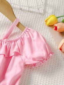 2pcs/Set Girls Adorable Doll Ruffle Ruffle Short Sleeve Top & Embroidered Bowknot Denim Shorts, Casual Fashion Outfit Suitable For Party - Multicolor - View 8