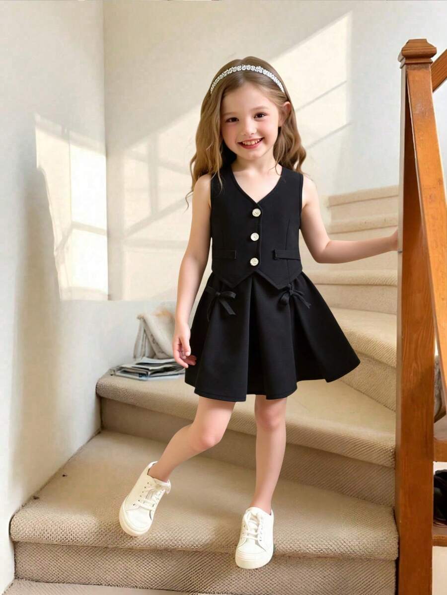 SHEIN X GALILEA Elladie kids 年轻女孩复古西装背心和百褶裙两件套,优雅通勤休闲设计 - 黑色 - 查看 1