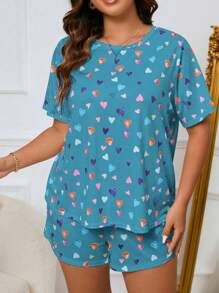 Plus Size Comfy Heart Pattern Short Sleeve T-Shirt And Shorts Pajama Set, Summer - Blue - View 6