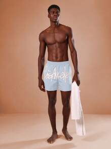 SUMWON Quần bơi Los Angeles Designer Signature thường ngày đi biển mùa hè, đồ bơi thể thao, quần đùi bơi thoải mái, thoáng khí - Màu xanh nhạt - Xem 2