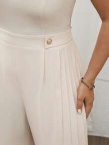 Celure Plus Size Women's Vintage French Romantic Casual Halter Neck Metal Ring Buckle Decor And Side Pleated Palazzo Jumpsuit, Suitable For Vacation, Afternoon Tea, Party, Commute