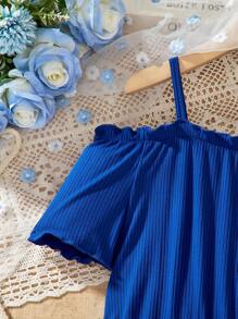 Teen Girls' Summer Off-Shoulder Leaf Print Splice Vacation Dress - Blue - View 4