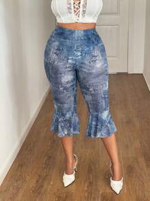 Maweii Plus Size Net Fabric Denim Effect Sexy Minimalist Ruffle Hem Shorts - Blue - View 3