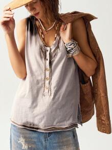 Bohemela Áo ba lỗ rộng rãi không tay cổ chữ V phối màu sọc sọc đơn giản cho nữ - Xám - Xem 4