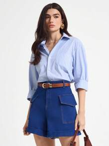 Daynim Women's Commuter Style Flip-Pocket Denim Shorts Going Out Pants - Dark Wash - View 3