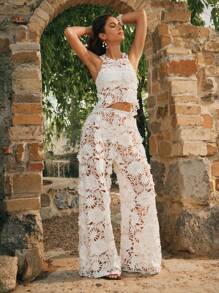 Anewsta Women's Solid Color Bikini Set With Flower Perforated Shawl Cover Up For Summer Beach Vacation