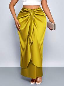 SOLERSUN 加大码女式 Faii 和冬季优雅简约浪漫系带缎面长裙，适合约会，双层系带裙适合舞会，姜黄色茧型裹身设计裙