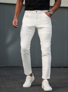Manfinity Homme Men's Solid Fitted Pocket Design Casual Versatile Jeans - White - View 4