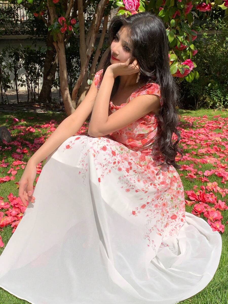 DAZY SHEIN X Hannahelzahed Neues elegantes Farbverlauf-Blumendruck-Sommerkleid für Frauen für Musikfestivals