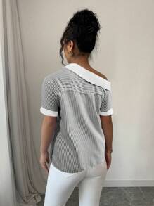 Chiquease 女士休闲优雅不对称领短袖单排扣衬衫 - 灰色 - 查看 2