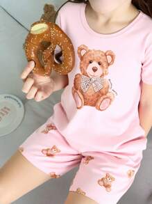 Set de 2 piezas de pijama para niñas preadolescentes, ajustado con estampado de oso de peluche y sakura rosa, top de manga corta y pantalones cortos, cómodo y con estilo