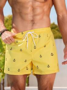 Zalmeno Men's Anchor Print Casual Vacation Beach Shorts, Hawaiian, Men Yellow Swim Trunks, Men Beachwear, Lemon Swim Trunks, Men Bathing Suit Trunks, Swim Wear For Men - Yellow - View 6
