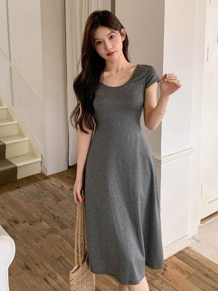 Women Solid Color Round Neck Short Sleeve Dress Summer Sundress, Casual Women Dress