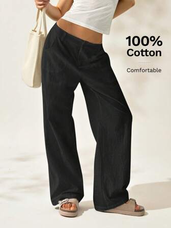 Easelle Damen schlichte, gerade Hosen mit niedriger Taille, Damen Frühling/Herbst Lässig Taschen, Reißverschluss ultra-niedrige Taille gerade Beine lange schwarze Baumwoll-Loose-Hosen, Lässig Alltagsmode