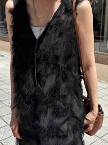 FRIFUL Women's Black V-Neck Sleeveless Jumpsuit With Tassels, Summer Outfit Women Rompers - Black - View 6