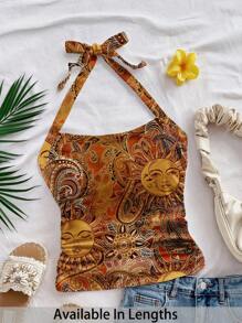 SHEIN PETITE CURVE Plus Size Women All-Over Print Halter Back Casual Top - Yellow - View 1