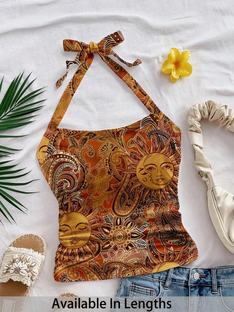 SHEIN PETITE CURVE Plus Size Women All-Over Print Halter Back Casual Top - Yellow - View 1