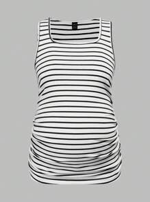 SHEIN Maternity Casual Scoop Neck Ruched Knitted Fabric Tank Tops, Regular Length Semi-Sheer Essential Comfort For Everyday Wear - Grey - View 8