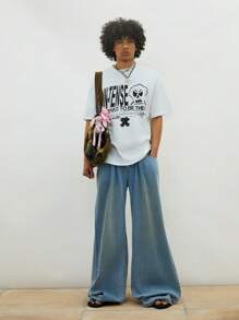 COUREZ 男女通用超低腰宽松脏洗牛仔裤 / 女士夏季穿搭 低腰牛仔裤 Y2K 纯棉复古 - 藍色 - 查看 5