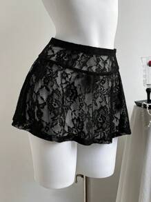 Comfortcana Plus Size Women's Short Sexy Black Lace Sheer Mini Skirt Black Lace Skirt Gothic Skirt Black Skirt Cover Up Black Lace Mini Skirt