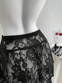 Comfortcana Plus Size Women's Short Sexy Black Lace Sheer Mini Skirt Black Lace Skirt Gothic Skirt Black Skirt Cover Up Black Lace Mini Skirt