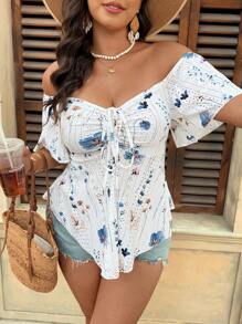 SHEIN VCAY Plus 露肩前抽绳 T 恤 - 白色 - 查看 5