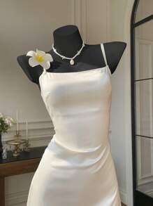 Comfortcana Apricot Satin Backless Summer Dress For Women, Solid Color Fashion, Party Dress