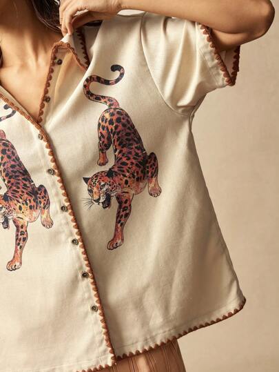 Bohemela 大码女式豹纹短袖纽扣休闲衬衫