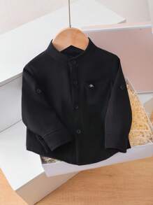 1 件装 幼儿男童中式立领白色编织衬衫，带口袋和刺绣，秋冬款