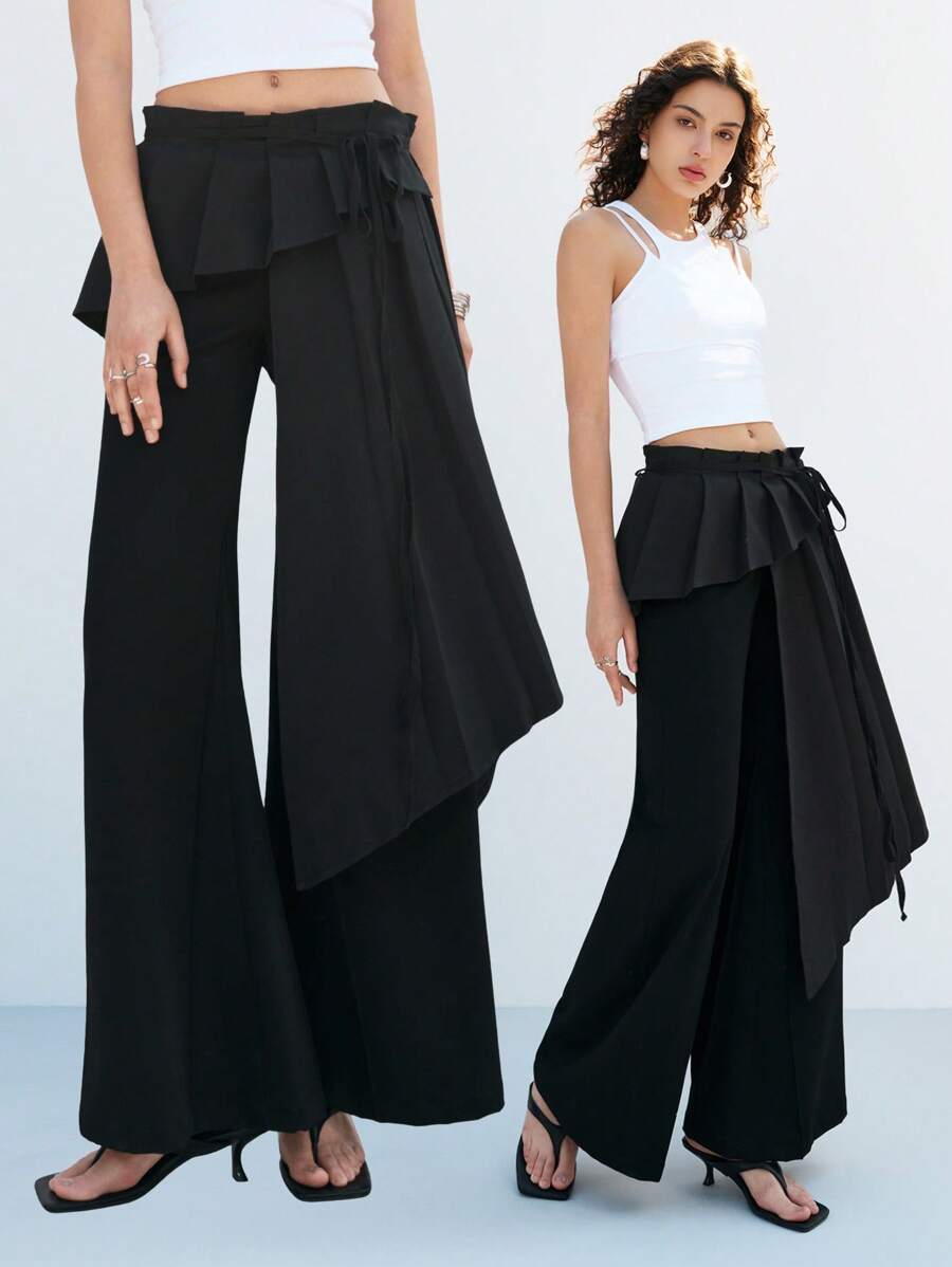 LYSMO Women's Elegant Black Polyester Asymmetrical High-Waisted Flared Leg Pants Skirt With Zipper Detail - Black - View 1