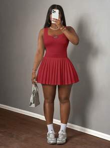 Slaydiva 2025 New Spring & Summer Casual Simple Basic U-Neck Racer Vest With Black Label & White Text, Pleated Skirt Including Shorts & Culottes, White Knit Fabric Women Mini Dress,Sundress,Summer Dresses For Women Red Dress Red Mini Dress Solid Color Dress Pleated Mini Dress