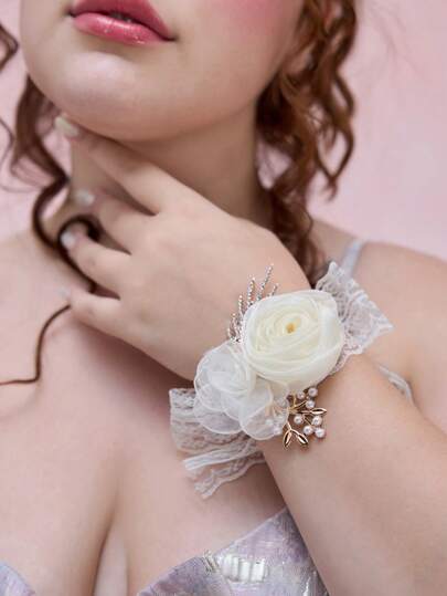 Kawaii 1pc Lovely Palace Style Rose Pearl Element Bracelet, Sweet Retro High-End Rhinestone Lace Strap Bracelet, Versatile High-End Creative Elegant Bracelet