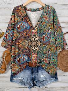EMERY ROSE Versatile Vacation Style Floral Retro Print Round Neck Chest Pocket Plus Size T-Shirt, Casual Minimalist Suitable For Summer - Multicolor - View 7