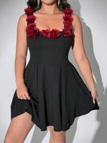 Viva Relle 加大码针织简约优雅花朵装饰节日连衣裙