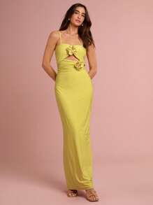 Enchnt Sukienka damska w jednolitym kolorze z aplikacją i marszczeniami - Żółty - Zobacz 6